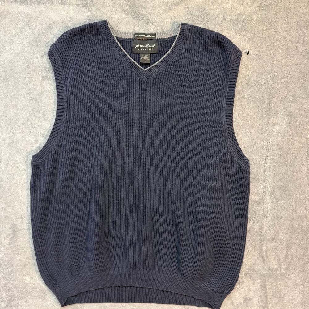 Eddie Bauer V-Neck Ribbed Sweater Vest Size L Navy Blue 100% Cotton